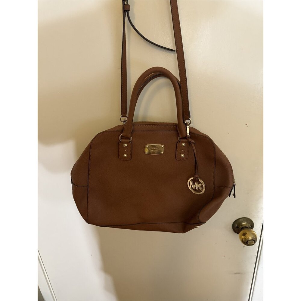 Michael Kors Sandrine Large Satchel Purse Handbag Leather Brown Caramel